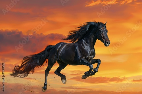   A black horse gallops in the foreground against an orange and yellow backdrop with clouds in the distant sky