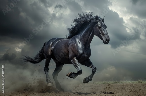   A black horse and a white horse gallop on a dirt field, surrounded by cloudy sky Black horse in foreground