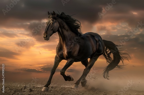  A horse gallops on the sand at midday, background clouds obscured