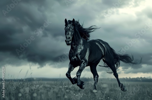  A black horse gallops through a field of grass Behind it, a stormy sky looms with ominous clouds in the distance Clouds hover nearer in the foreground © Jevjenijs