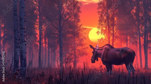  A cow stands in a forest, surrounded by trees as the sun sets in the distance