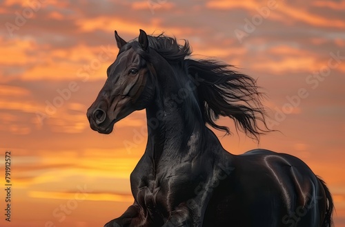  A black horse gallops in the foreground against an orange and pink backdrop, dotted with clouds