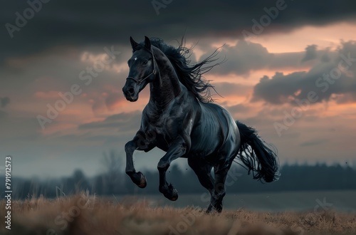   A horse gallops through a field as the sun sets  casting long shadows  clouds scatter across the sky behind