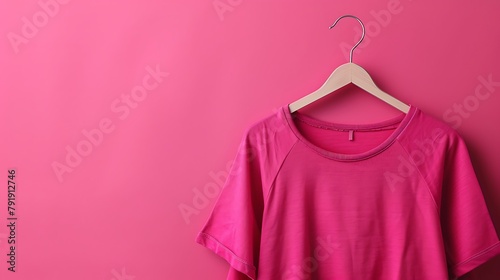 Fashionable clothing on coathanger isolated on pink background photo