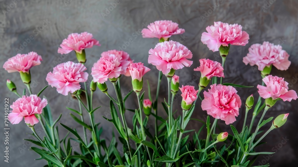   A vase filled with pink carnations on a gray backdrop Green vegetation in the vase contrasts with the gray wall behind