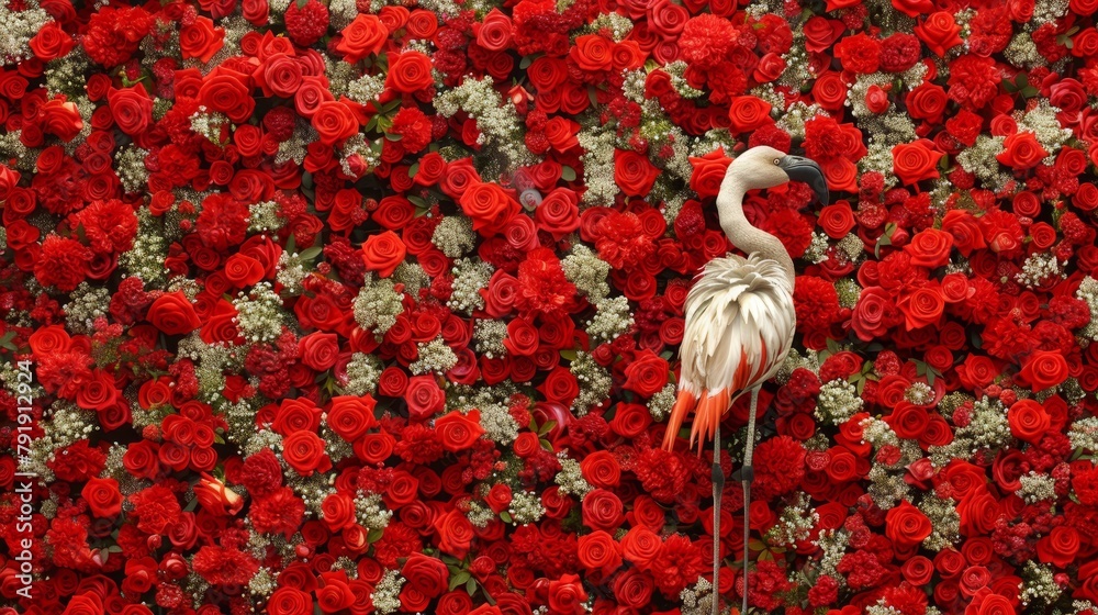 Fototapeta premium A flamingo poses before a backdrop of red and white blooms, its lengthy neck and legs extending prominently