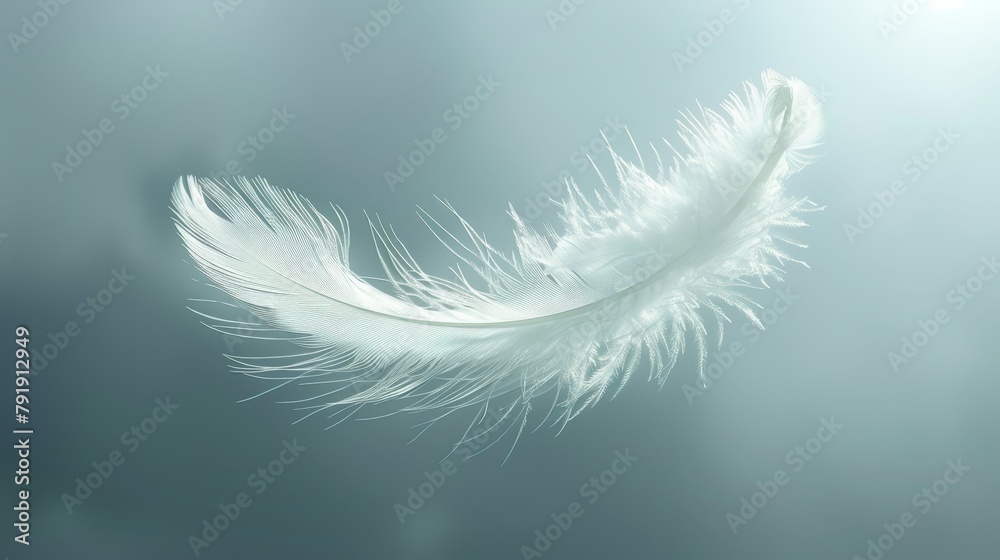   A tight shot of a white feather drifting in mid-air against a hazy, watery backdrop - obrazy, fototapety, plakaty 