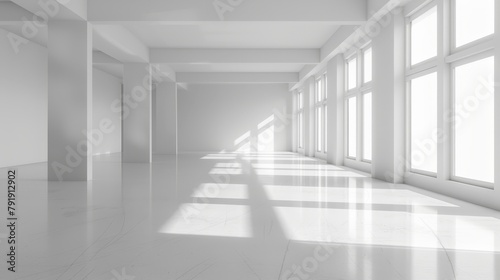  A large, white room filled with numerous windows A lengthy hallway bathed in sunlight streaming through the panes