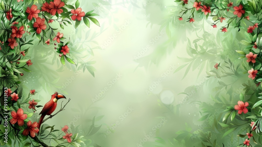  A red bird perches on a tree branch, surrounded by red flowers and verdant leaves