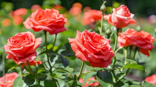   A field of green leaves hosts a foreground of red roses in bloom  their flowers matching in color