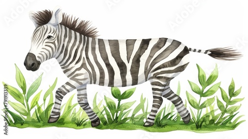   A watercolor drawing of a zebra strolling through a lush green field against a pristine white backdrop