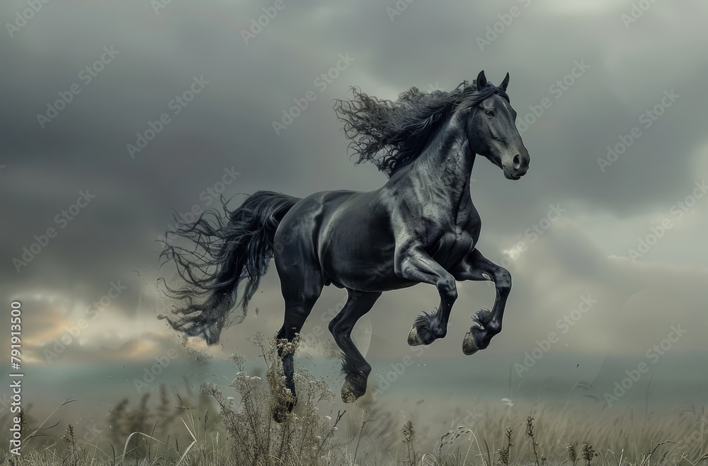 A black horse gallops through a tall grass field on a cloudy day; the dark sky looms in the background A black horse gallops through a tall grass field on a cloudy day; the dark sky looms in the background