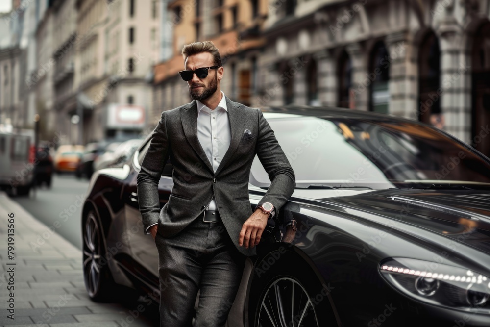 Handsome young businessman in suit and sunglasses is standing near his fashionable car in front of modern business center
