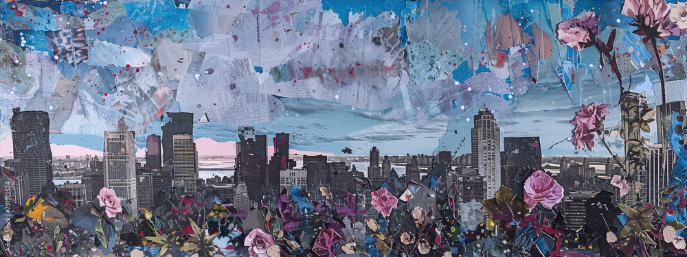 Fototapeta premium A collage of a cityscape with pink roses, blue sky, and white clouds in the style of contemporary art.