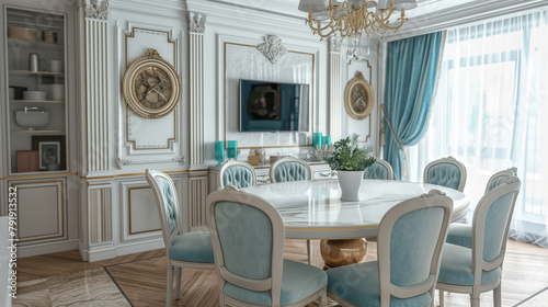 An elegant dining room with an island table and chairs  the marble top in a light grey color  in the style of baroque  white walls  turquoise curtains  vintage accessories on the wall