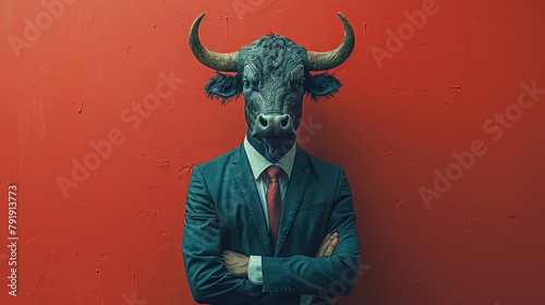 A businessman with a bull's head in a business suit and tie, wearing glasses on a blurred background. Wolf character