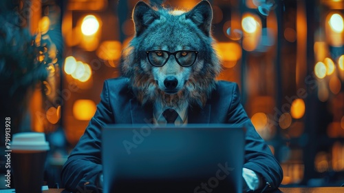 A businessman with a wolf's head in a business suit and tie, wearing glasses on a blurred background. Wolf character