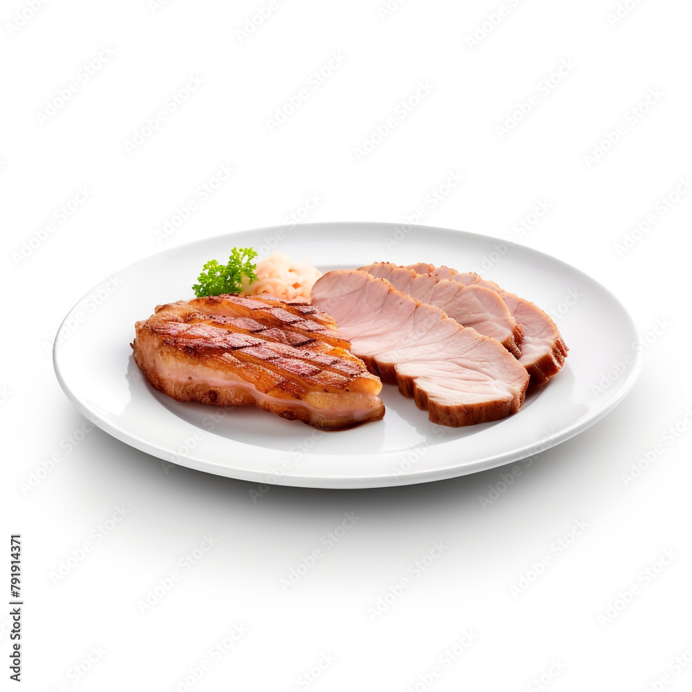 white plate with delicious cooked pork meat сreated with Generative Ai white plate with delicious cooked pork meat сreated with Generative Ai