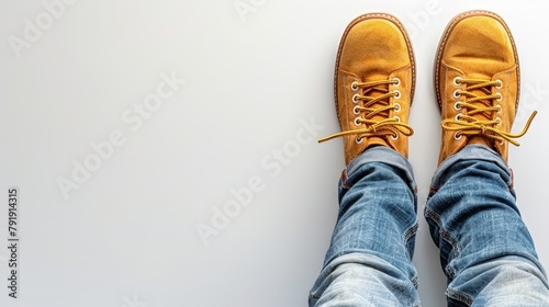   A tight shot of feet clad in blue jeans and yellow lace-up shoes © Jevjenijs