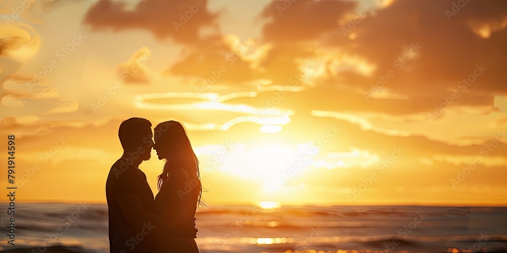 A young couple kissing at sunset.