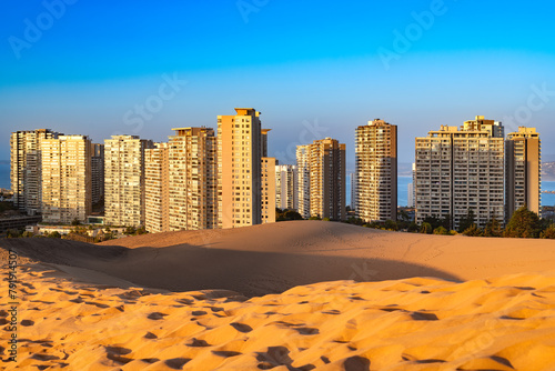 View of buildings in Concon from the sand dunes, Valparaiso Region, Chile