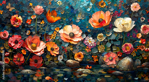 Garden Kaleidoscope  Colorful Oil Painting with Reflective Stones and Flora Dynamics