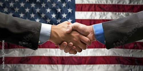 Patriotic Unity: Two Men Seal a Deal in Front of the American Flag