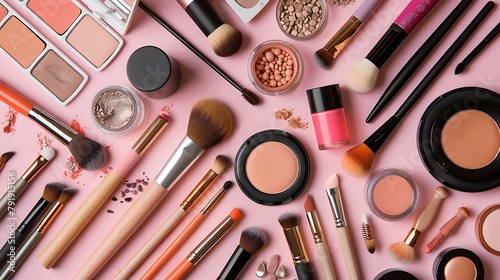 Flat lay with makeup products and tools on color background photo