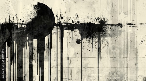 A monochrome image of a clock encircled by paint splatters against a grunge backdrop