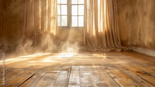   A room featuring a wooden floor, a window emitting light, and steam escaping from it photo