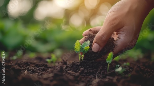   A tight shot of a hand cradling a tiny green plant against a backdrop of dirt Behind, trees stretch into the distance photo