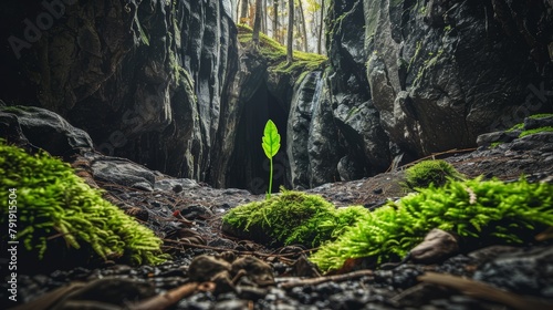   A tiny green plant emerges from the cave floor, surrounded by moss that blankets its sides photo