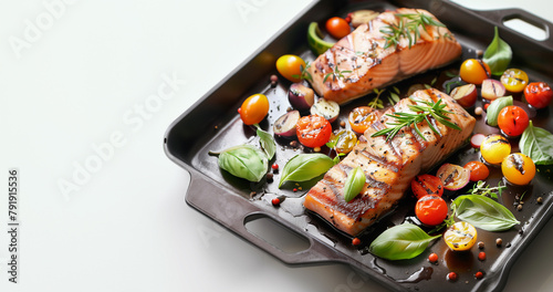 Mediterranean roasted salmon fish fillet with tomatoes, basil and olives in frying pan on white background with copy space