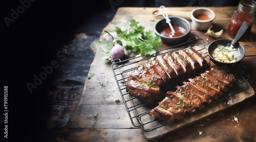 Deliciously roasted pork ribs with slices of meat and BBQ sauces on rustic wooden background