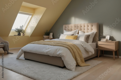 Moderne Schlafzimmergestaltung mit Dachschrägen, Dachfenster und stilvollen Möbeln für gemütliche und ruhige Atmosphäre