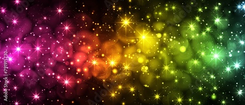   A multicolored backdrop featuring stars and sparkles centrally  rainbow hues on the left