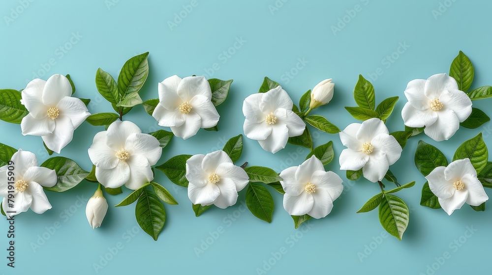   Blue backdrop with white blooms and green foliage Text space on the left