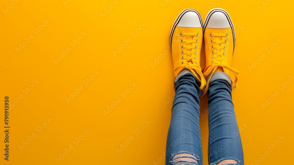 A woman in ripped jeans and yellow sneakers stands against a yellow backdrop, her feet adorned with matching yellow tennis shoes A woman in ripped jeans and yellow sneakers stands against a yellow backdrop, her feet adorned with matching yellow tennis shoes