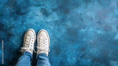   A person's feet, each wearing white tennis shoes, are placed on a blue-gray surface The soles of their shoes bear black spots
