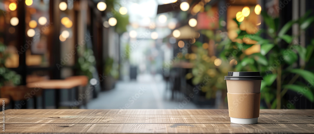 Craft paper coffee cup mockup on bar,restaurant, cafe counter. Blurred background with evening cityscape view. Template, banner for ads. Generative ai Craft paper coffee cup mockup on bar,restaurant, cafe counter. Blurred background with evening cityscape view. Template, banner for ads. Generative ai
