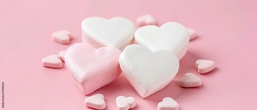   Three heart-shaped marshmallows rest atop a pink surface, surrounded by scatteredly placed marshmallows