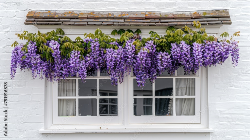   A window adorned with a sill of purpling blooming flowers against a brick wall background