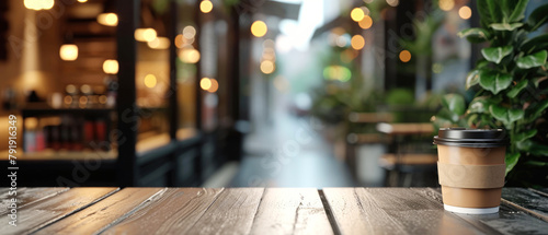 Craft paper coffee cup mockup on bar,restaurant, cafe counter. Blurred background with evening cityscape view. Template, banner for ads. Generative ai