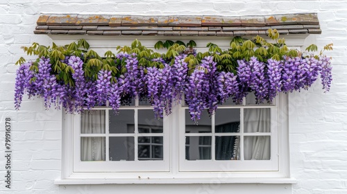  A window adorned with a sill of purpling blooming flowers against a brick wall background