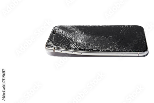 Broken cracked curved phone smartphone closeup isolated on white background with shadow, top and side view from button side. On the phone smartphone sat on and broke.