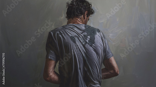 A hyper realistic painting of a man's sweaty back ,with dark hair ,wearing a gray t-shirt ,on a gray background ,in the style of Caravaggio .