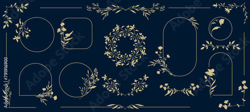 Luxury floral frames and logo templates with silhouettes of branches, leaves and flowers. Vector hand drawn delicate elements for wedding invitation, card, logo, label, branding, save the date © Feodora_21