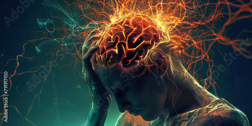 Panic Disorder: The Panic Attacks and Hyperventilation - Visualize a person with highlighted brain showing neurotransmitter imbalance, experiencing panic attacks and hyperventilation, photo