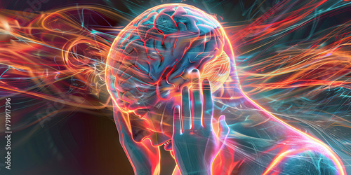 Panic Disorder: The Panic Attacks and Hyperventilation - Visualize a person with highlighted brain showing neurotransmitter imbalance, experiencing panic attacks and hyperventilation, photo