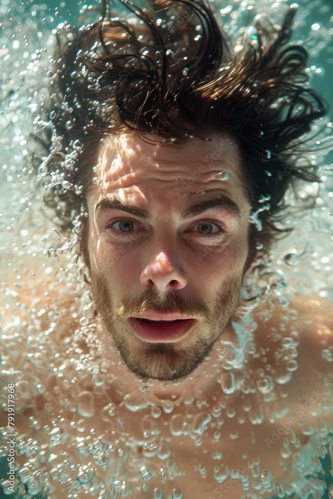 A man swimming in the water with his eyes open, AI A man swimming in the water with his eyes open, AI
